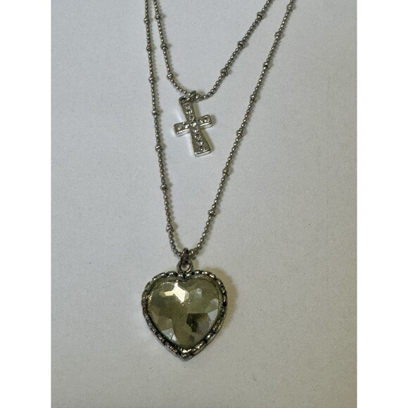 Betsy Johnson Double Strand Necklace Rhinestone Heart Silver Cross Beaded Chain - Picture 1 of 5